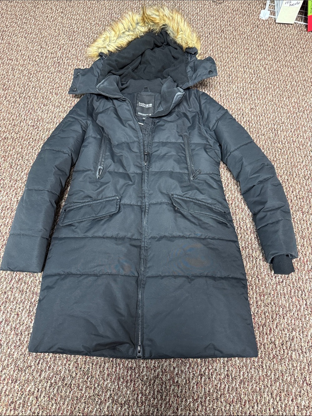 Noize Black Long Hooded Puffer Coat with Faux Fur Trim
